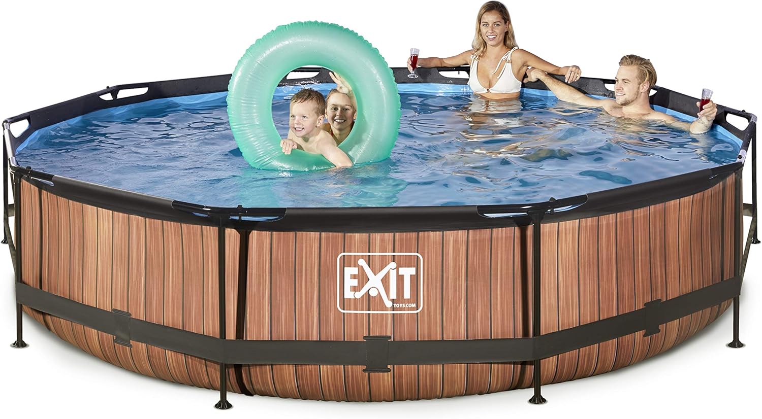EXIT TOYS Piscine Tubulaire Wood - ø360x76cm - Piscine Hors Sol Ronde Grande avec Pompe Filtrante à Cartouche - Entrée Basse - Idéal pour Les Jeunes Enfants - Cadre Stable - Design Unique - Marron