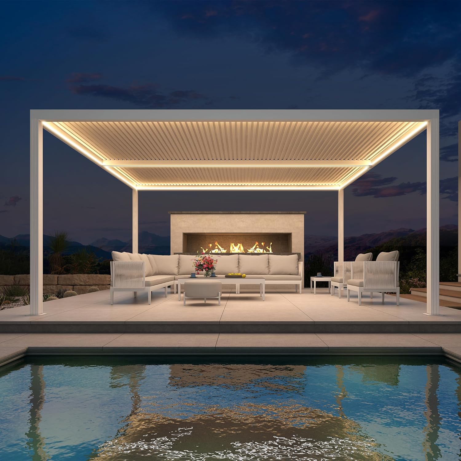 PURPLE LEAF - Pergola bioclimatique 4,84x3,68m alu, LED, gouttières