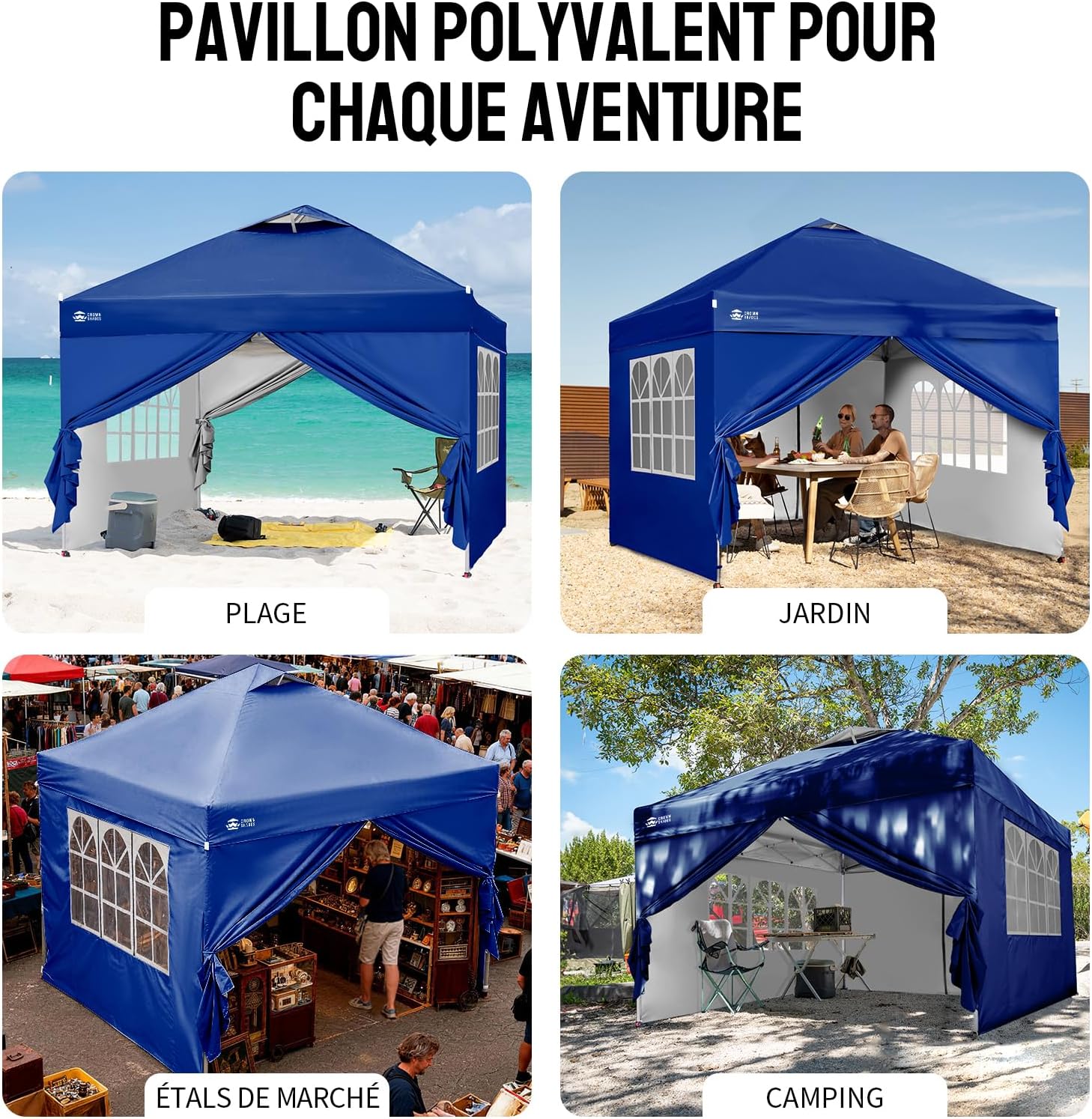 CROWN SHADES - tonnelle pliante 3x3m - imperméable, UPF 50+, 4 parois amovibles