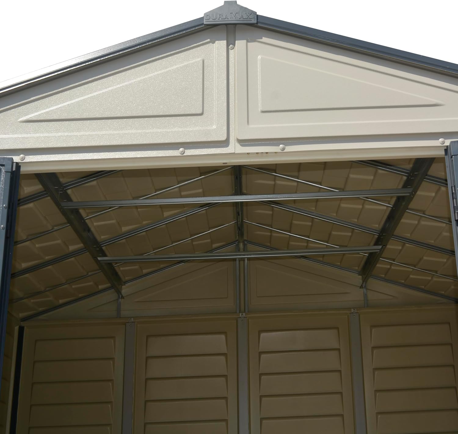 Abri de jardin Duramax WoodBridge II PLUS - 10.5 x 8 (7.64 m²) - Plastique, kit fondation, 2 fenêtres, toit métal, sans 