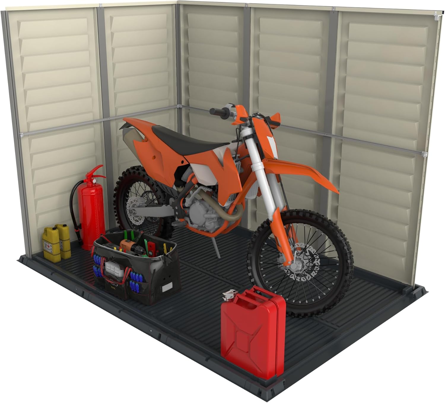Duramax YardMate PLUS 5 x 8 (4.28 m²) Abri de jardin en plastique avec plancher en plastique robuste, structure de toit en métal robuste, ignifuge et sans entretien, Gris foncé/ Adobe
