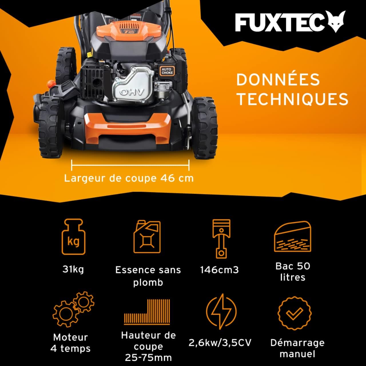 FUXTEC - tondeuse thermique autotractée série FX, 46cm, mulching, 50L, FX-RM4646
