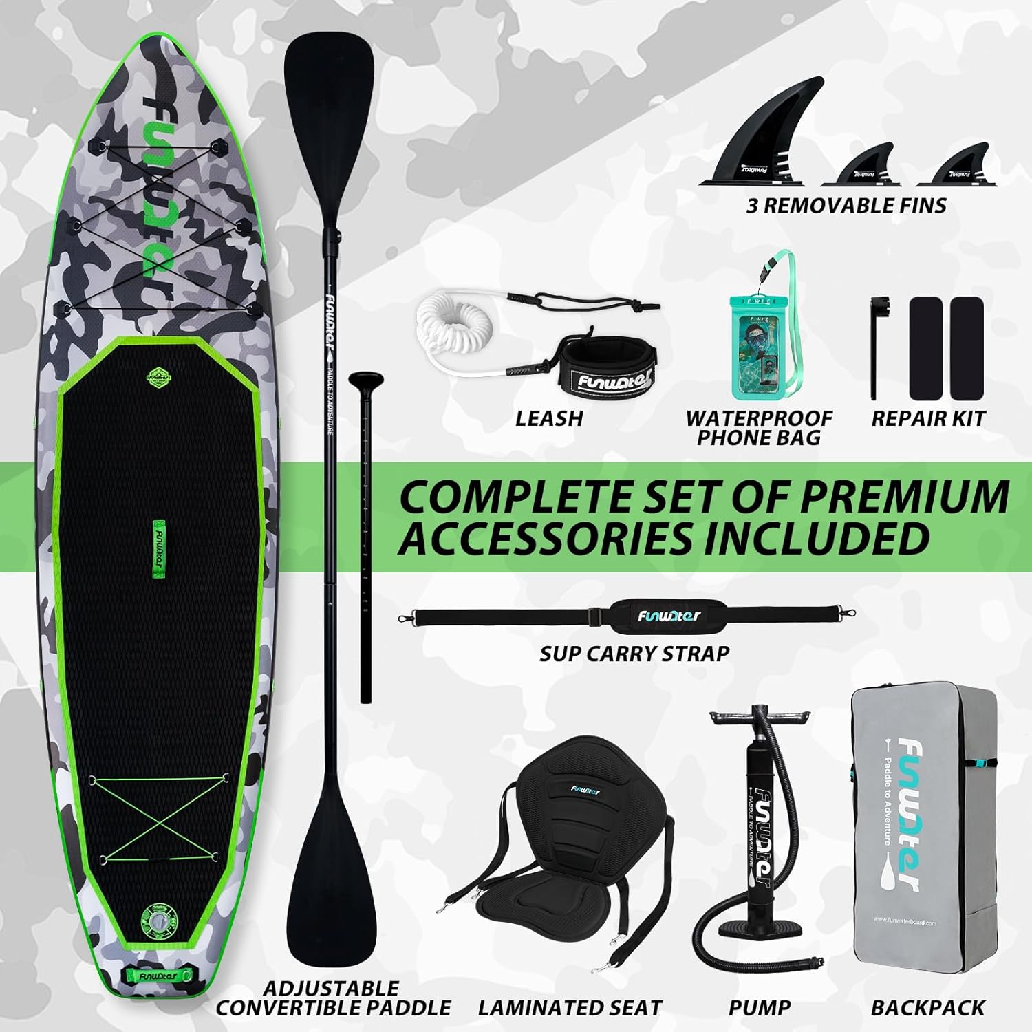 FunWater Planche de stand up paddle gonflable de 330 cm - Kit complet avec pagaie, sac à dos, étui pour téléphone portable, 3 palmes, pompe, siège et bandoulière - Planche de SUP pour débutants et
