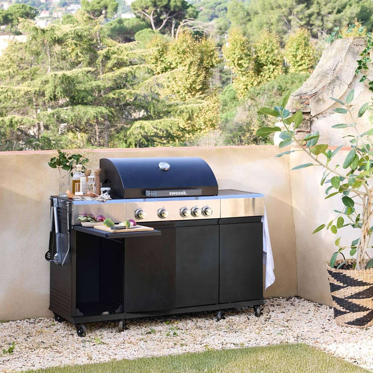 sweeek - Maxim barbecue gaz 4 brûleurs, 145,5x61,5x143,5cm, thermomètre, récupérateur, grille chauffante