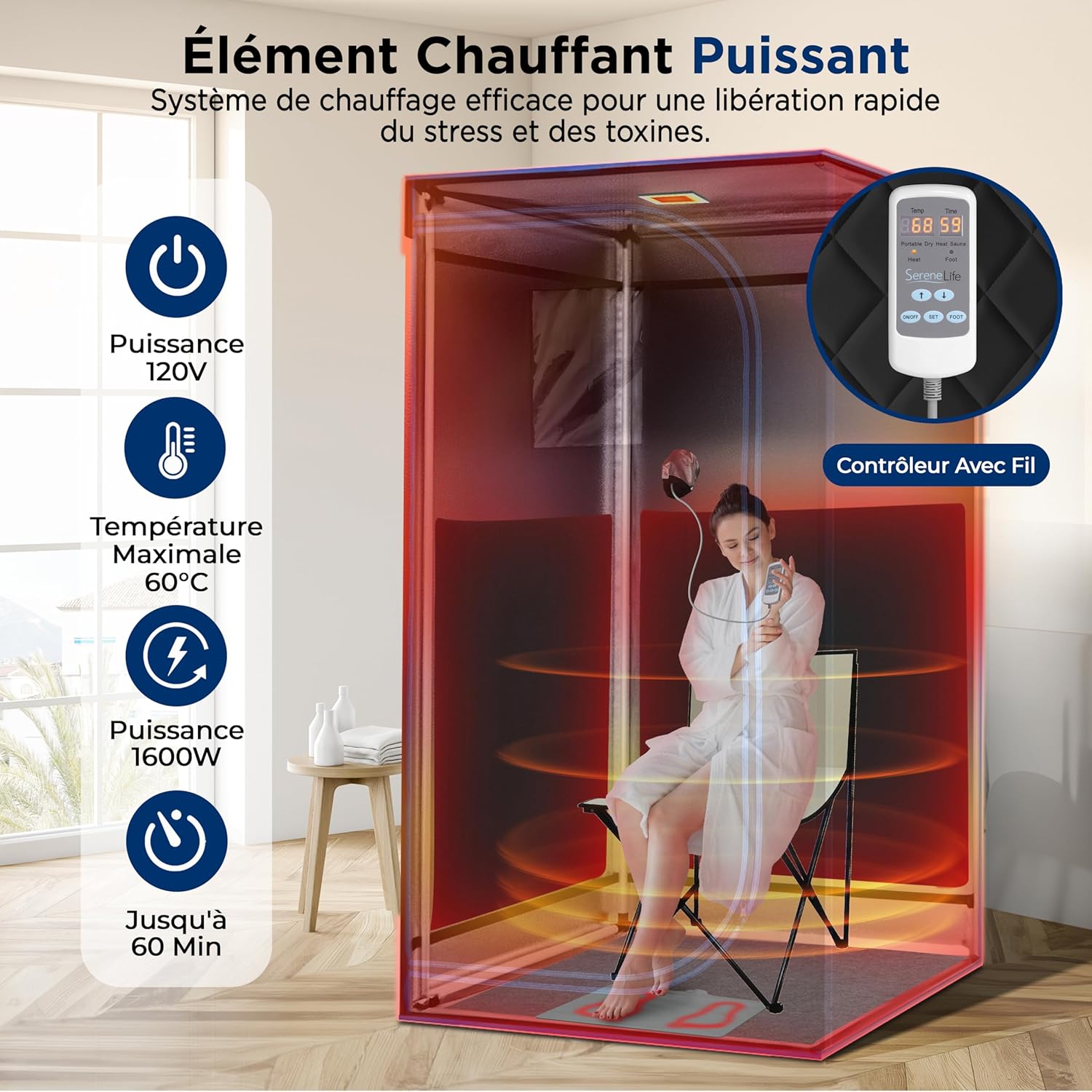 SereneLife Sauna Infrarouge Portable – Tente Chauffante Pliable avec Chaise Pliante et Coussin Chauffant pour Les Pieds – Spa Maison – Détox – Perte de Poids