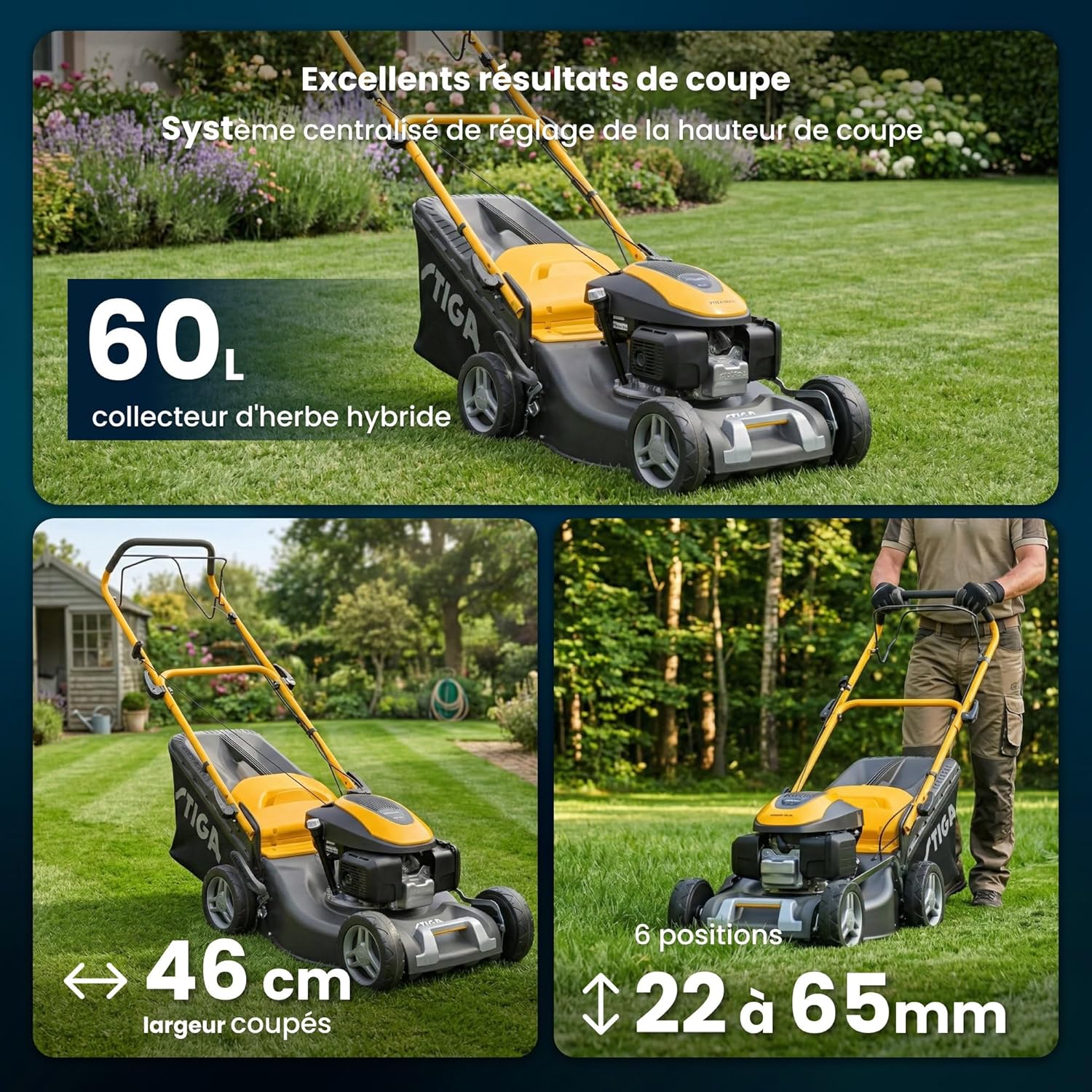 STIGA - Combi 48 S H - 46 cm - 145 cm³, 60 L, 3-en-1, pelouses 1200 m²