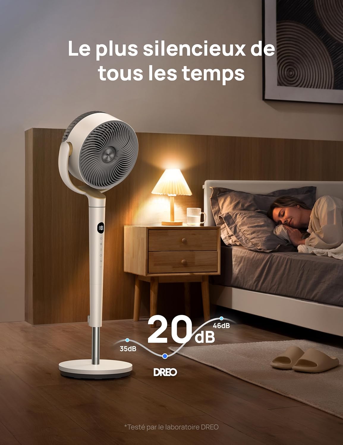 DREO Ventilateur de pièce, ventilateur oscillant 120°+120°, moteur DC, circulation d’air jusqu’à 30 m pour toute la pièce, 9 vitesses, 4 modes, ventilateur sur pied silencieux, 20 dB.