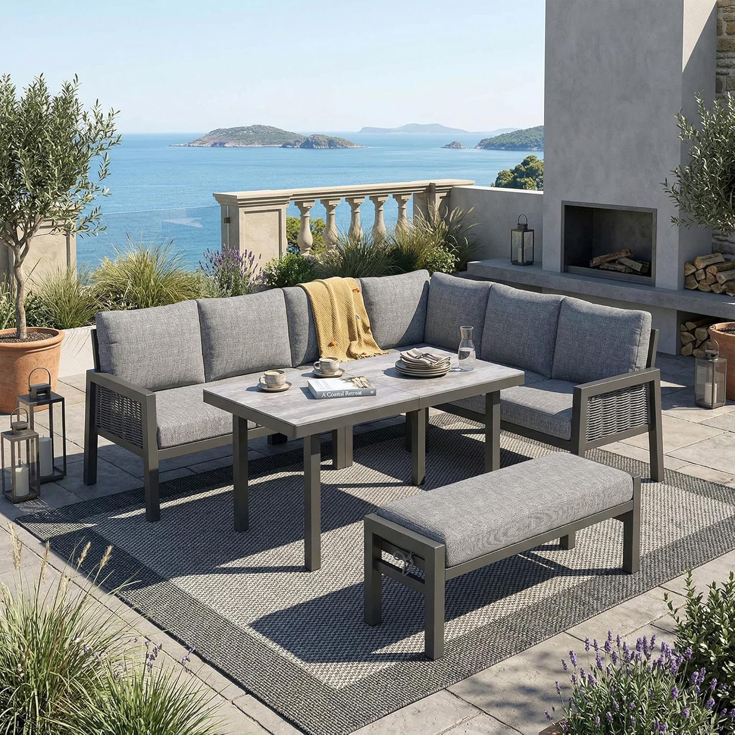 Sapgaks - Salon de jardin 8 places - canapé d’angle, table verre, corde PE, acier galvanisé