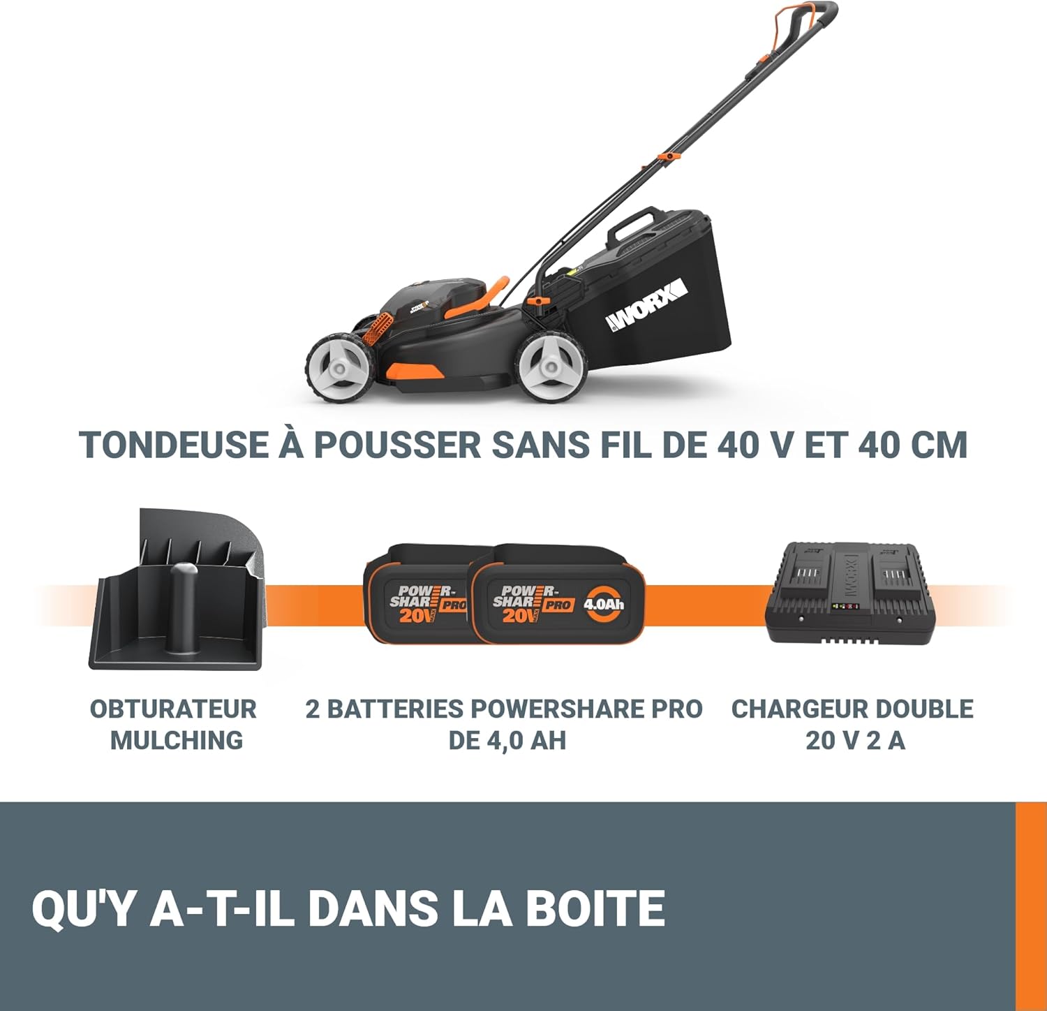 Worx - tondeuse sans fil série 40V - 40cm - 2x4Ah, silencieuse - WG743E