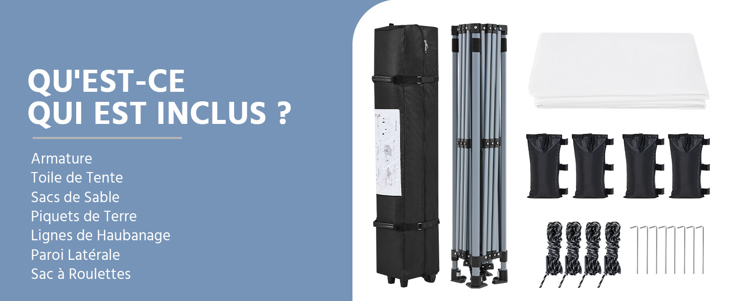 Les composants du belvédère portable sont disposés, y compris les pièces de cadre noires, le tissu, les cordes, les piquets et le sac de transport. Les listes de textes comprenaient des éléments en français.