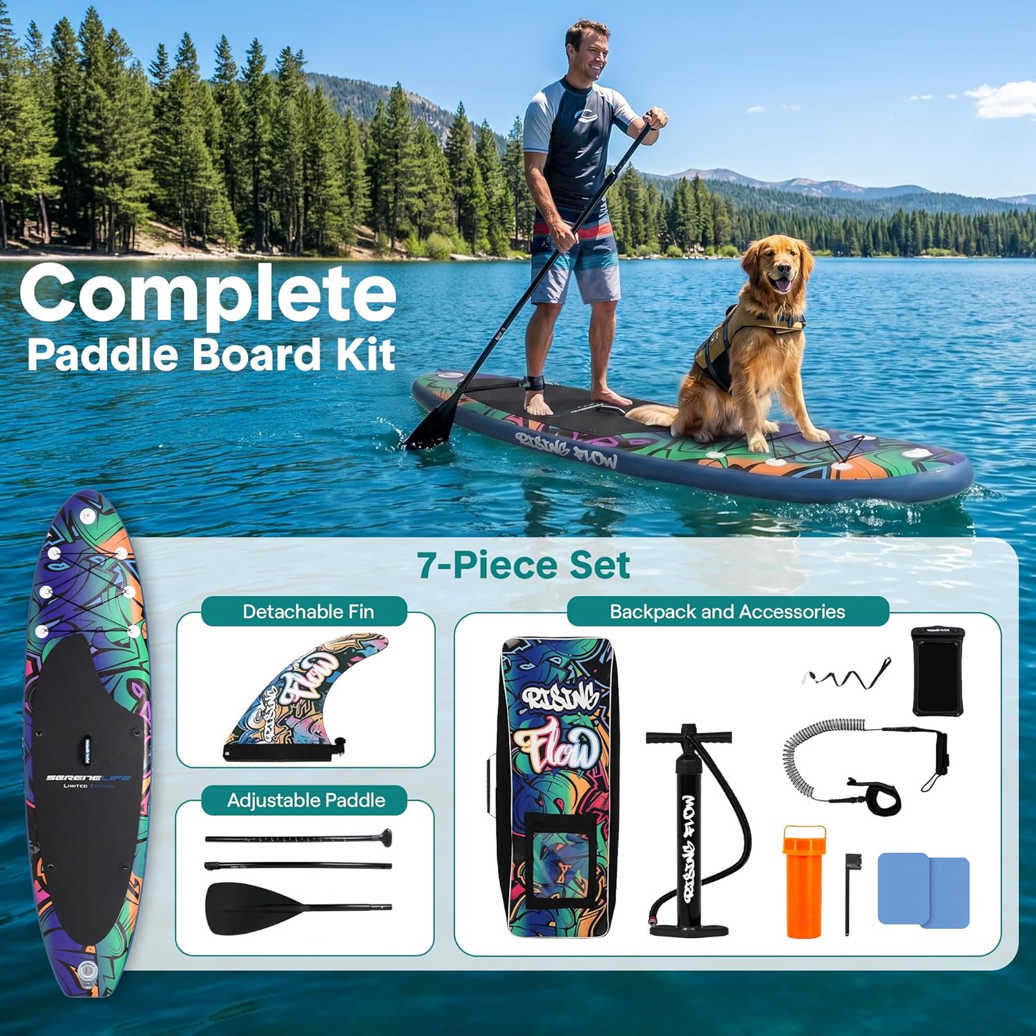SereneLife - Stand Up Paddle adulte - 6” - gonflable, antidérapant, accessoires inclus, SLSUPB18