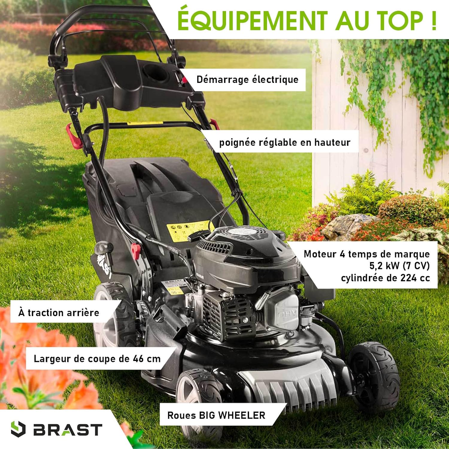 BRAST - Tondeuse thermique ESTART - 46cm, 170cc, tractée, 4en1, démarrage électrique