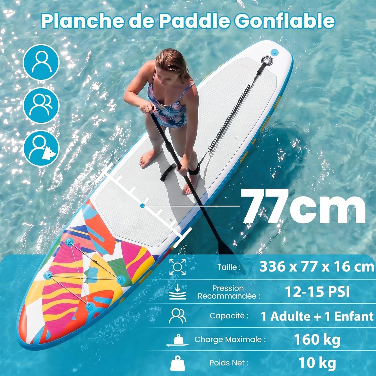 HOMASIS - Planche à Pagaie Gonflable - 336x77x16 cm - Pagaie réglable, pompe, 3 ailerons, accessoires, HOMASIS336x77x16