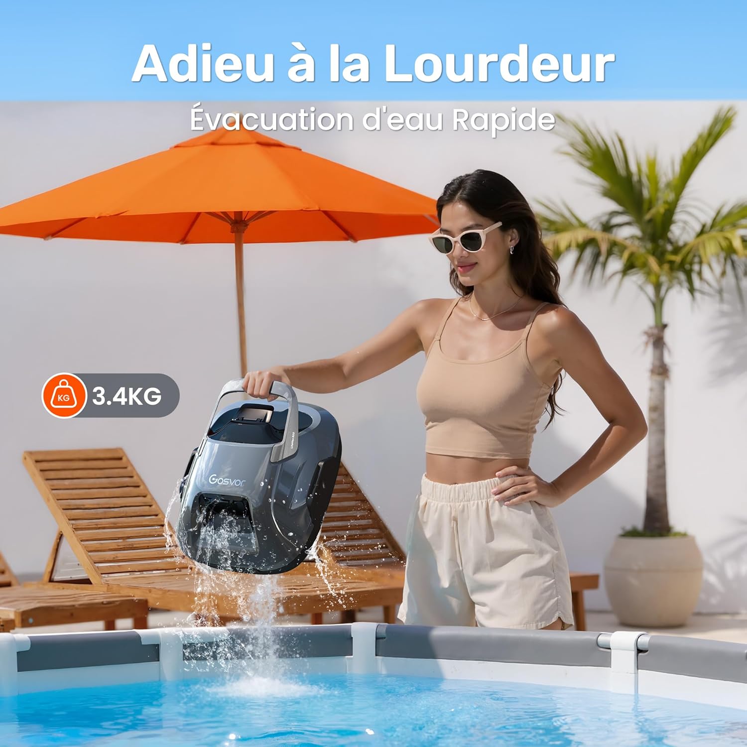 Gosvor - Robot piscine sans fil - 80 m², 90 min autonomie, retour auto