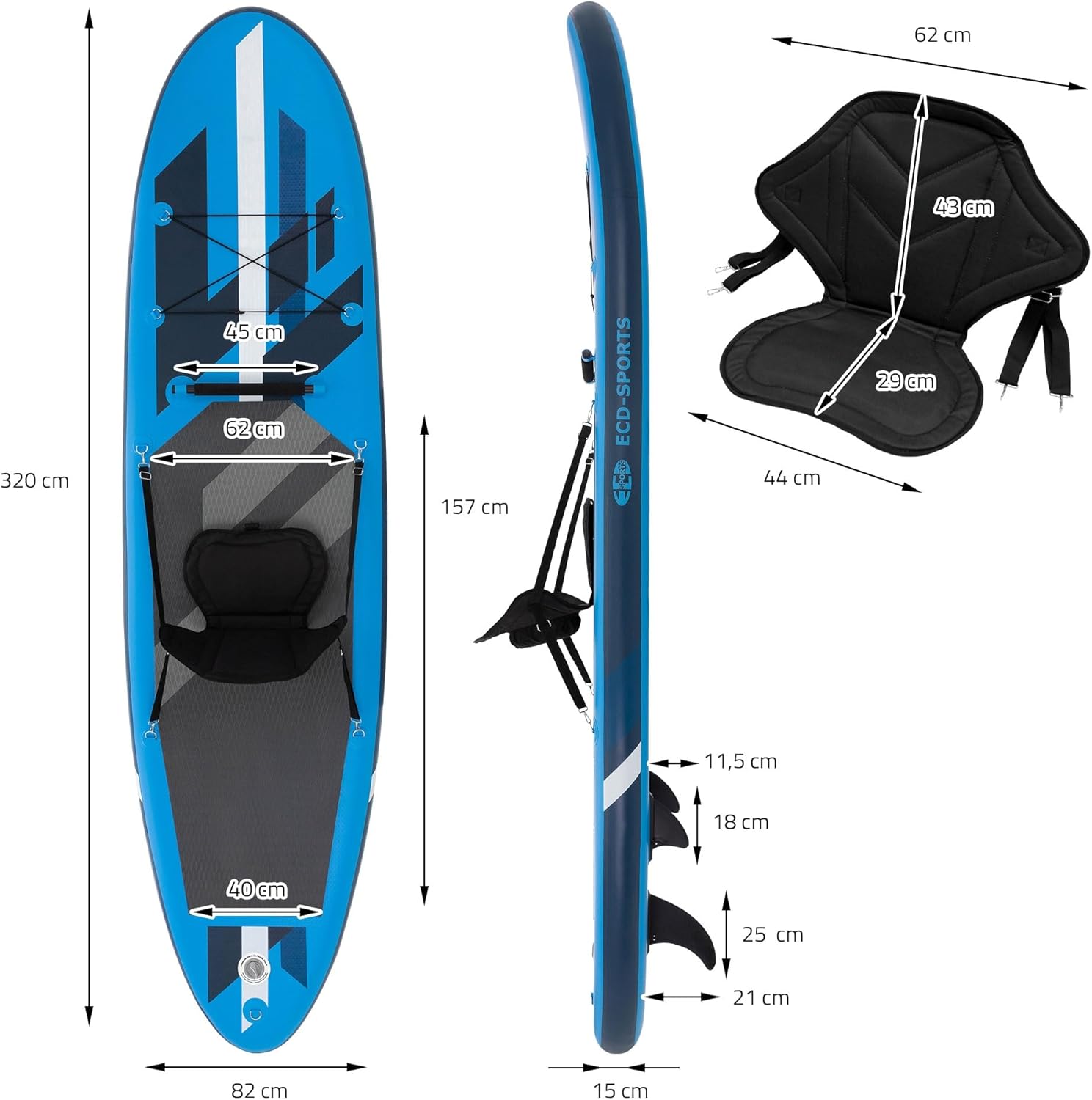 ECD Germany Stand Up Surf Paddle Board Gonflable 305/308/320/380 cm | PVC | jusqu'à 120/150 kg | Épaisseur 10/15 cm | Planche de Surf Pagaie Sac de Transport Pompe à Air | Diverses Couleurs Modèles