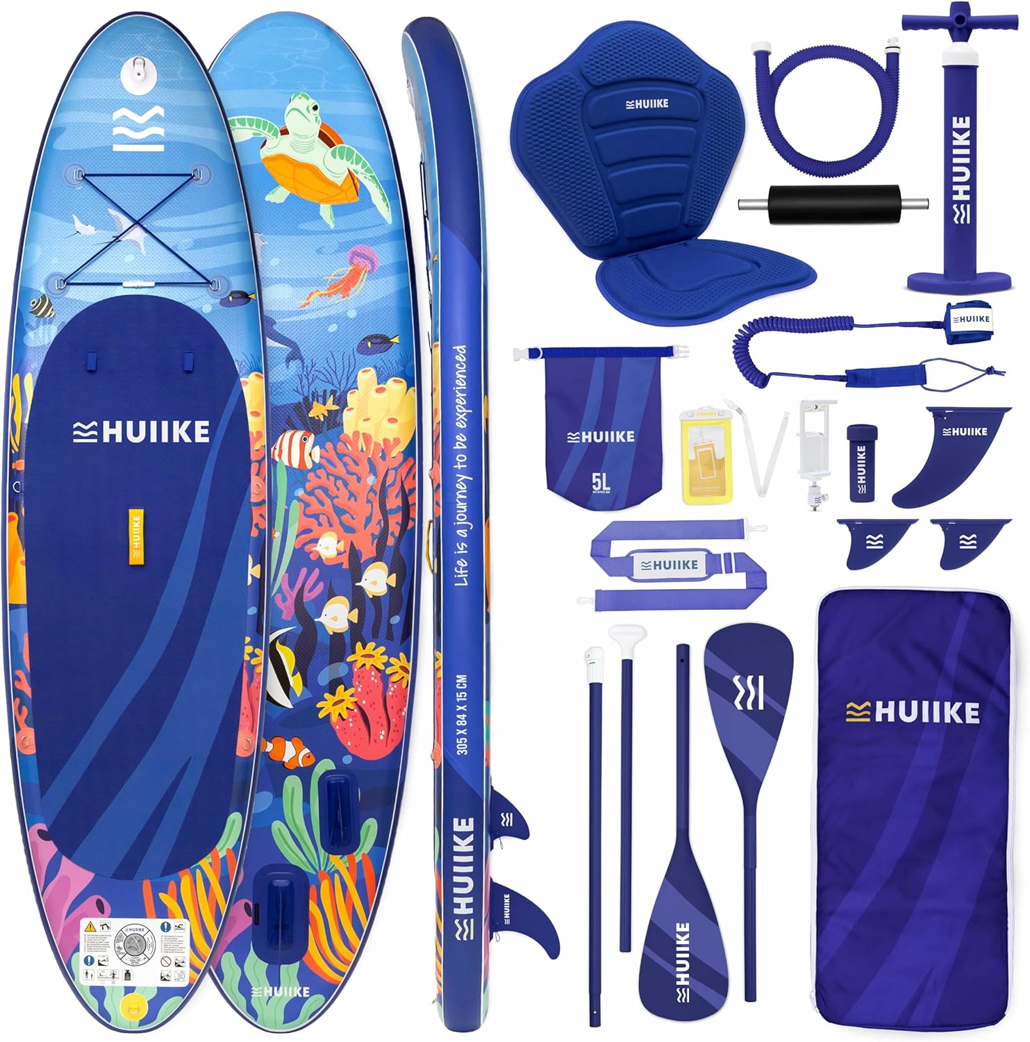 HUIIKE Paddle Gonflable Adulte avec Accessoires Inclus, Pagaie, Ailerons, Pompe. Planche de Stand Up Paddle Grande Stabilité et Résistance. 305 x 84 x 15 cm, Jusqu'à 130 kg