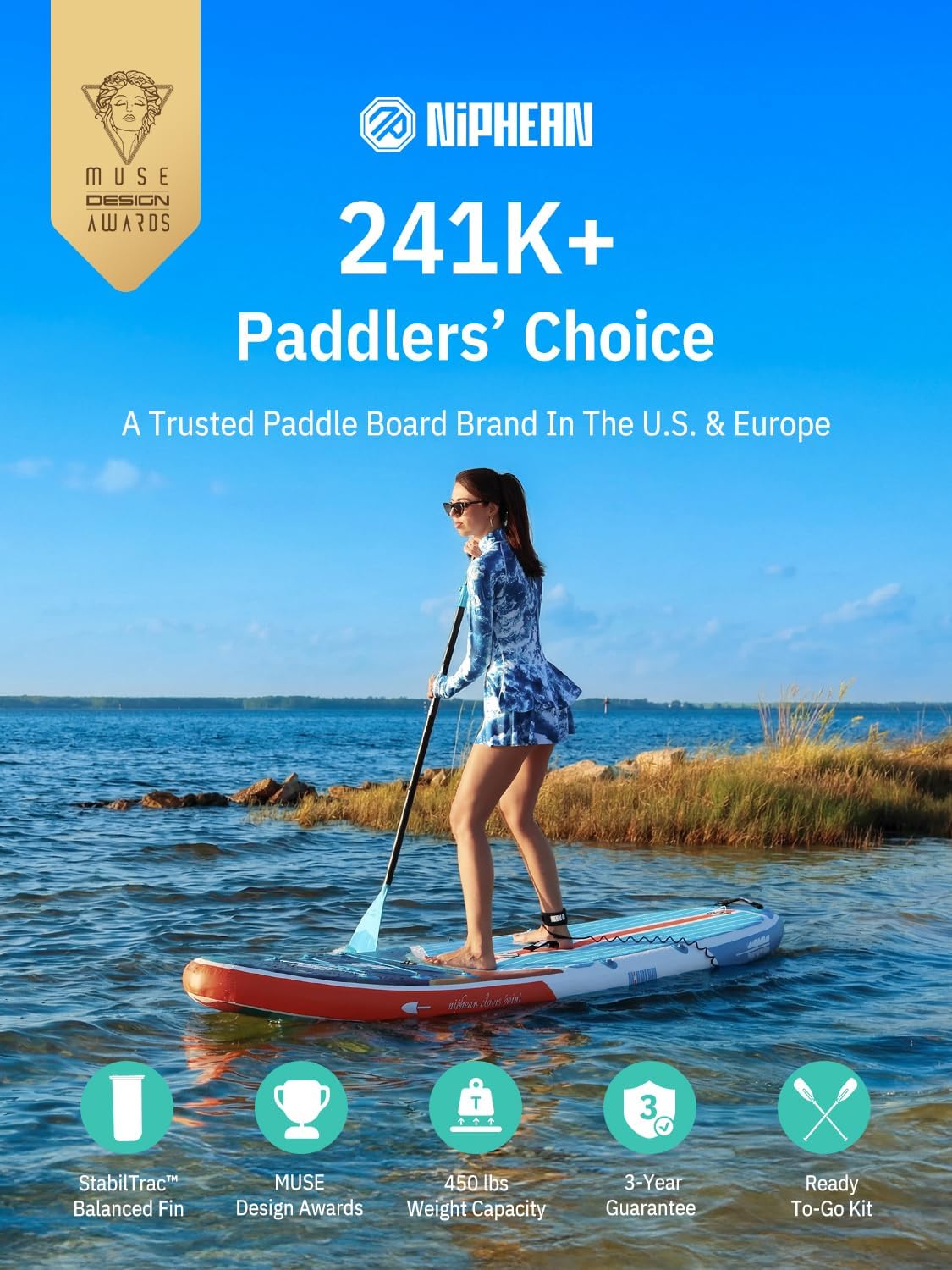 Niphean Paddle Gonflable Adulte avec Tous Les Accessoires, 320cm Planches de Stand Up Paddle Gonflables pour Tous Les Niveaux, Sup avec Capacité 200 kg pour 2 Personnes, Paddle Gonflable avec Siège