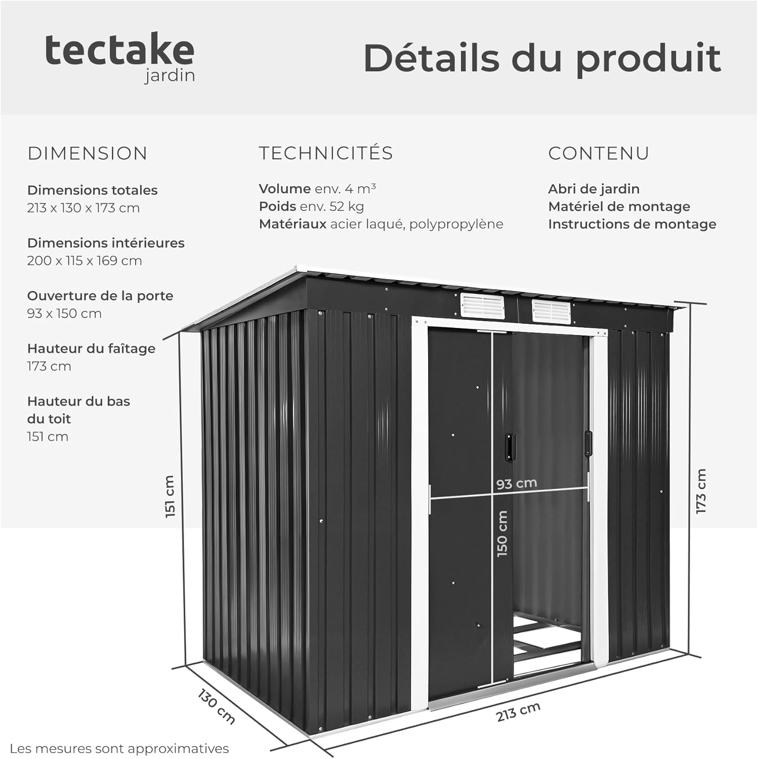 tectake - Abri de jardin métal monopente, fondation, 213x130x173 cm