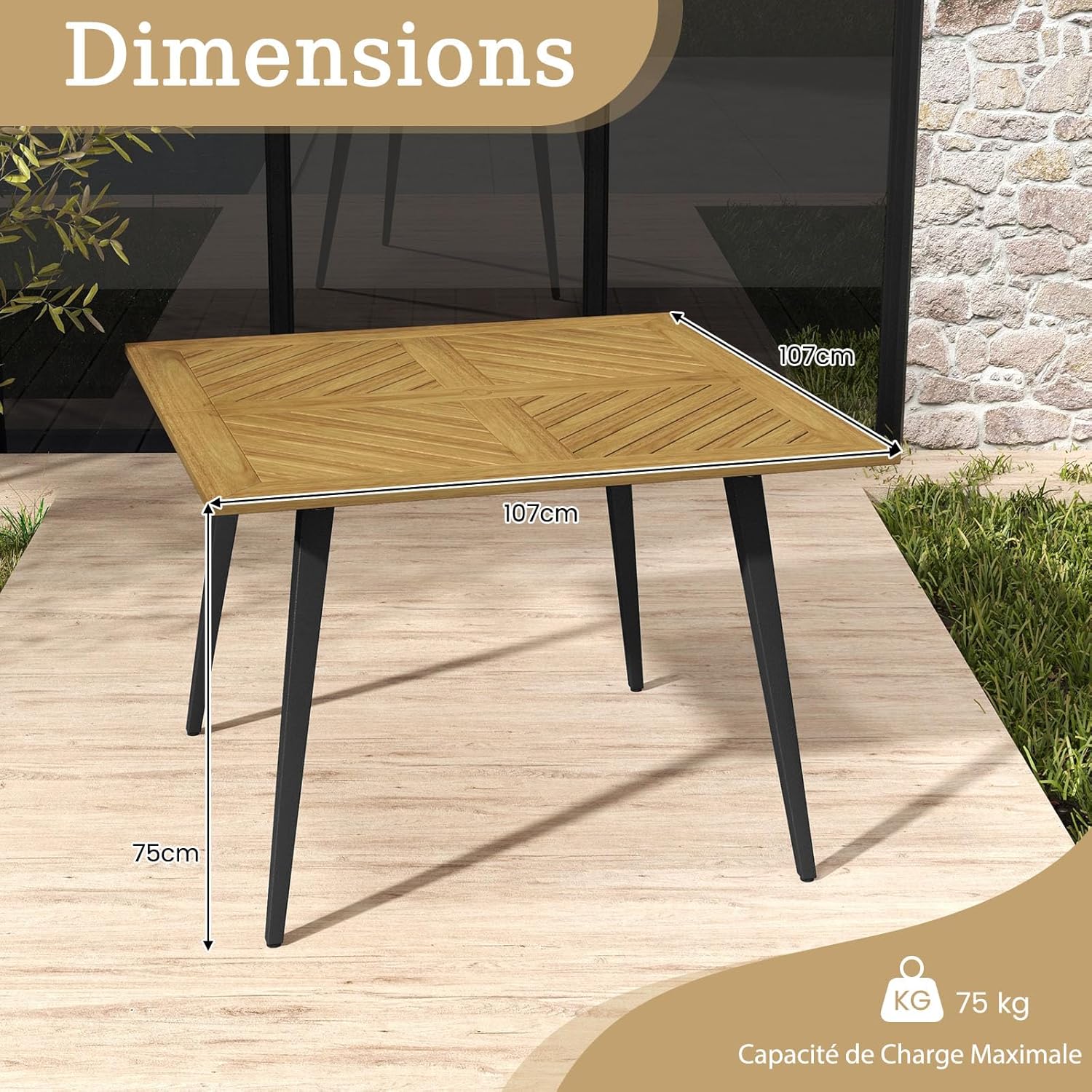 GOPLUS - table de jardin 107x75cm - bois d'acacia, métal, 75kg, trou parasol