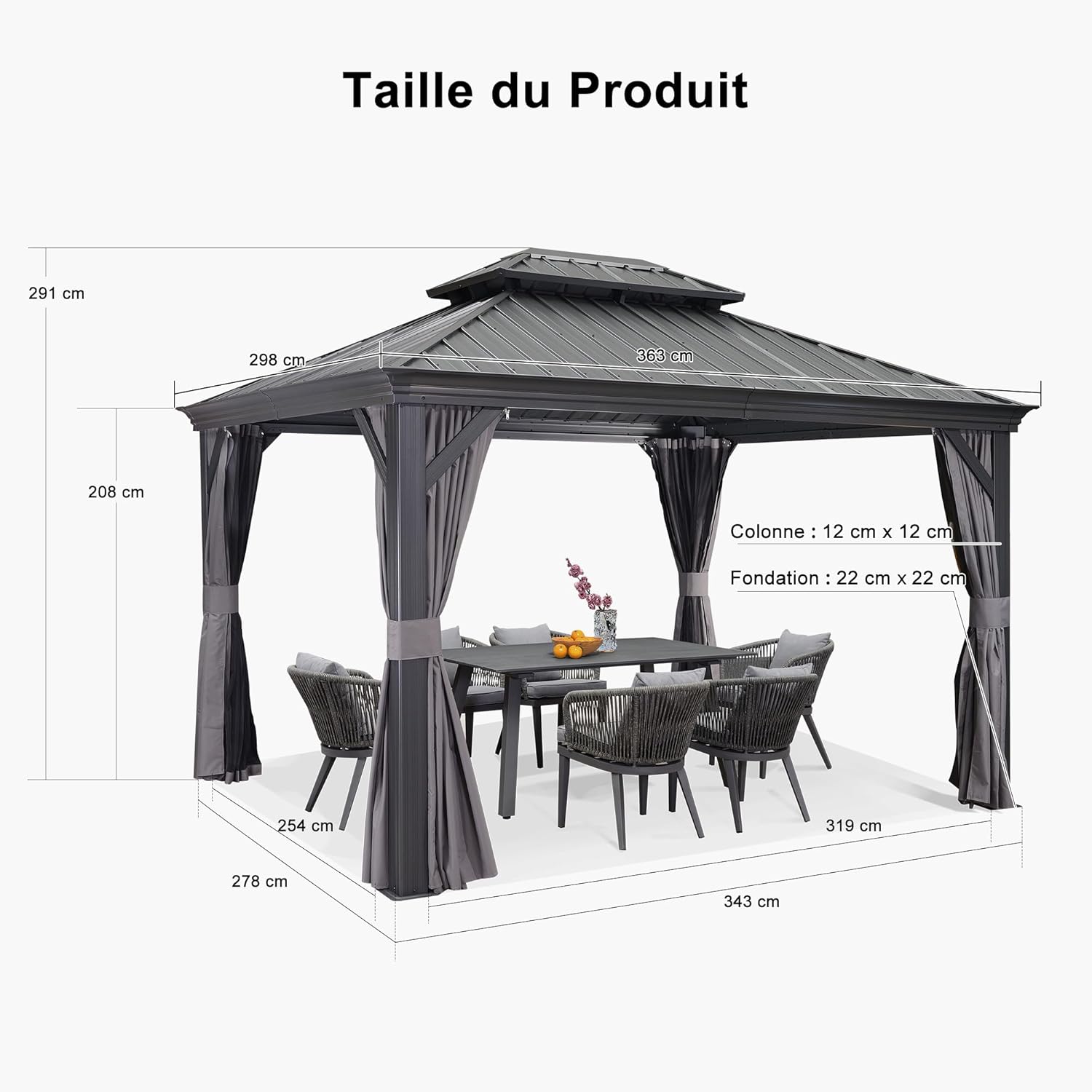PURPLE LEAF - pergola double toit acier 4x3m, moustiquaire, rideaux