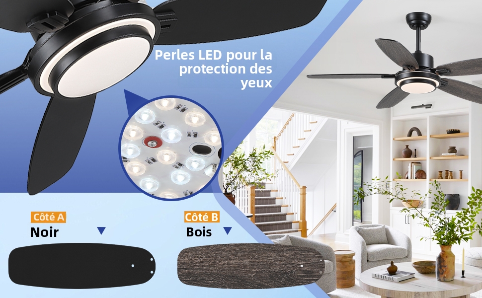 Le texte se lit comme suit : « Séries LED pour la protection des yeux », « Noir », « Bois ». Ventilateur de plafond noir avec anneau d'éclairage LED intégré affiché à l'intérieur de la maison avec un escalier moderne et un espace de vie visibles.