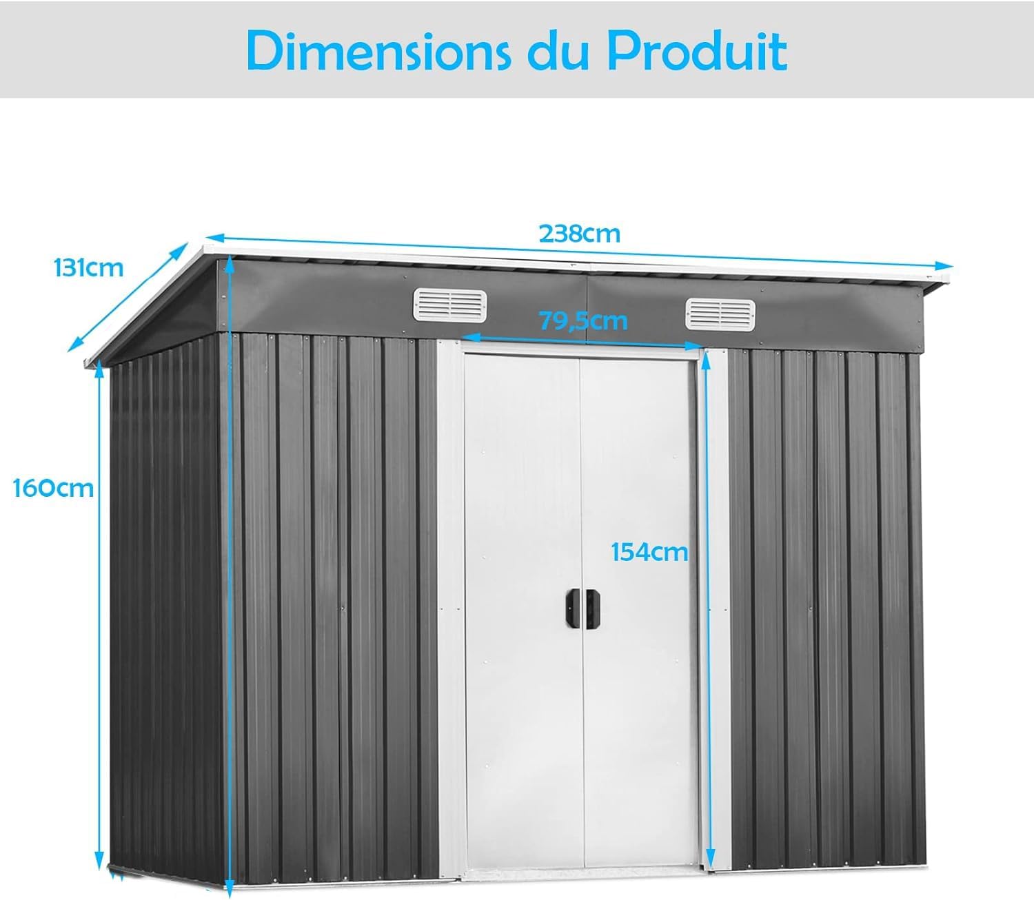 RELAX4LIFE - abri de jardin acier galvanisé 238x131x181cm, ventilé, double porte - RELAX4LIFE3,11㎡