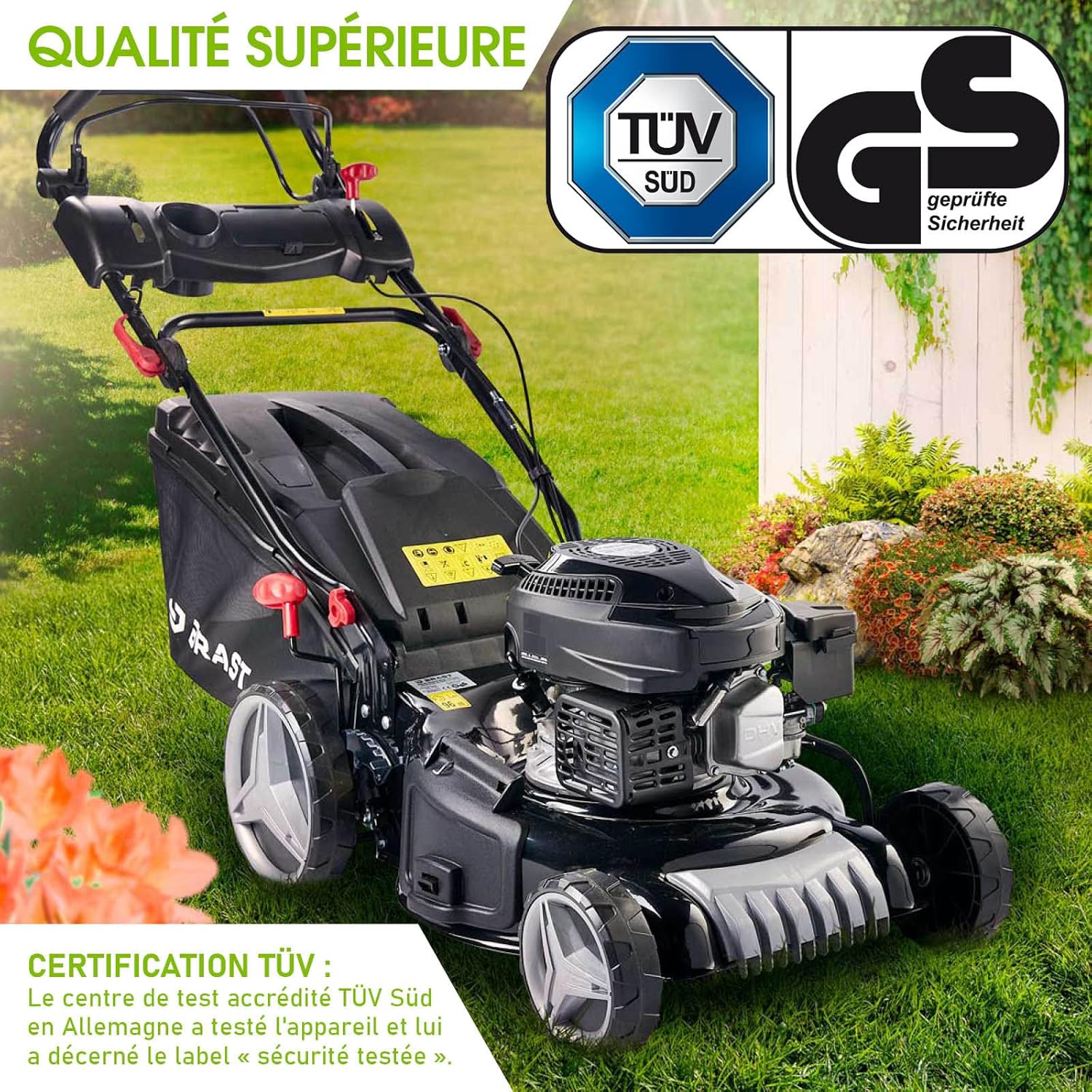 BRAST Tondeuse Thermique, tractée, 46cm, 3,5kW (4,7 CV), 170cc bac 60l, Moteur 4 Temps, Mulching -5 MODÈLES- châssis en tôle d'acier, 4 en 1 Tondeuse Thermique Hauteur de Coupe et Guidon réglable