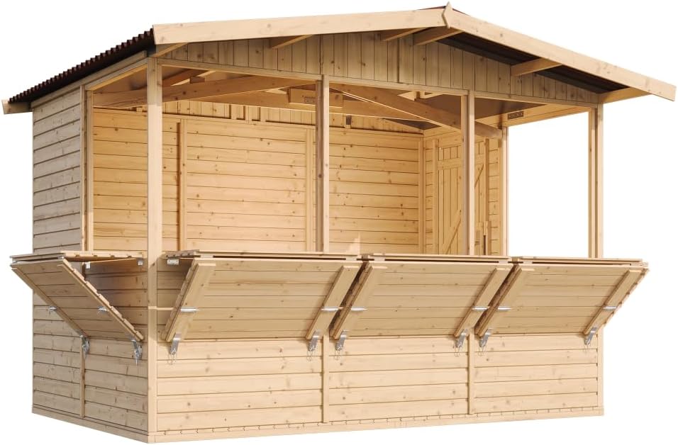 TIMBELA Abri de Jardin en Bois M150B – Kiosque Bois - Stand Marché avec 5 Fenêtres, L336xP263xH232 cm / 6 m², Facile à Monter et à Démonter, Bar Jardin
