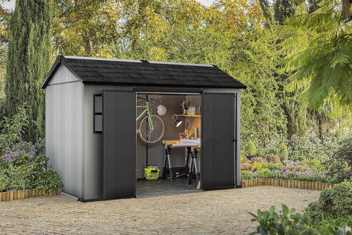 Keter - Abri Oakland - 7,2m² - Résine gris, double porte, 1175-7,2m²