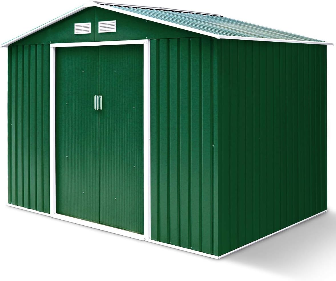 GOPLUS 2,37㎡ Abri de Jardin en Métal Galvanisé avec Base, Cabine de Jardin Extérieur Portes Coulissantes, 4,39m³, Résistant aux Intempéries, Cabane de Rangement à Outils, 213 x 127 x 185 cm, Vert