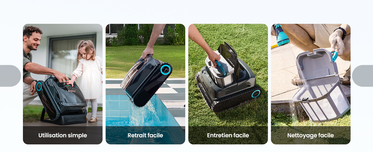 Le texte se lit comme suit : « Utilisation simple », « Guide armé », « Entraîne Facile », « Nettoyage facile ». Quatre photos pédagogiques illustrant différents scénarios d'utilisation : personne avec équipement, activité aquatique, utilisation en extérieur et application de nettoyage.