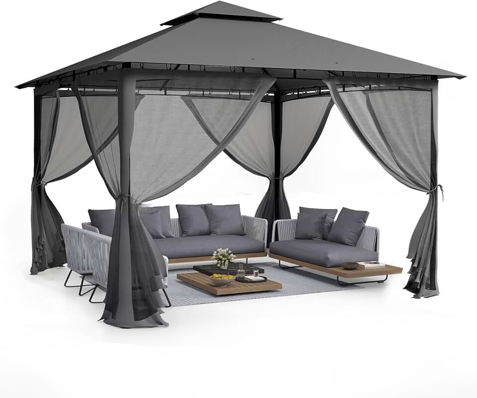 UDPATIO - Double Toit, 3.4x3.4m - Métallique, moustiquaire, gris