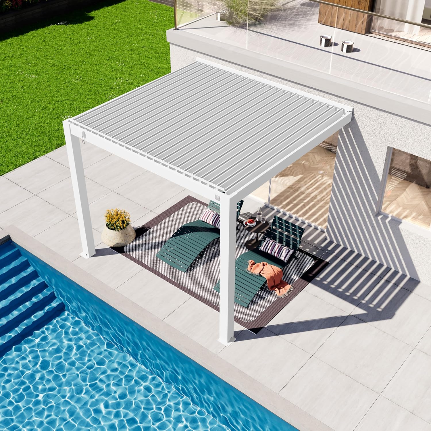 PRIMEYARD - pergola adossée - 3x3 m - alu blanc, lames orientables