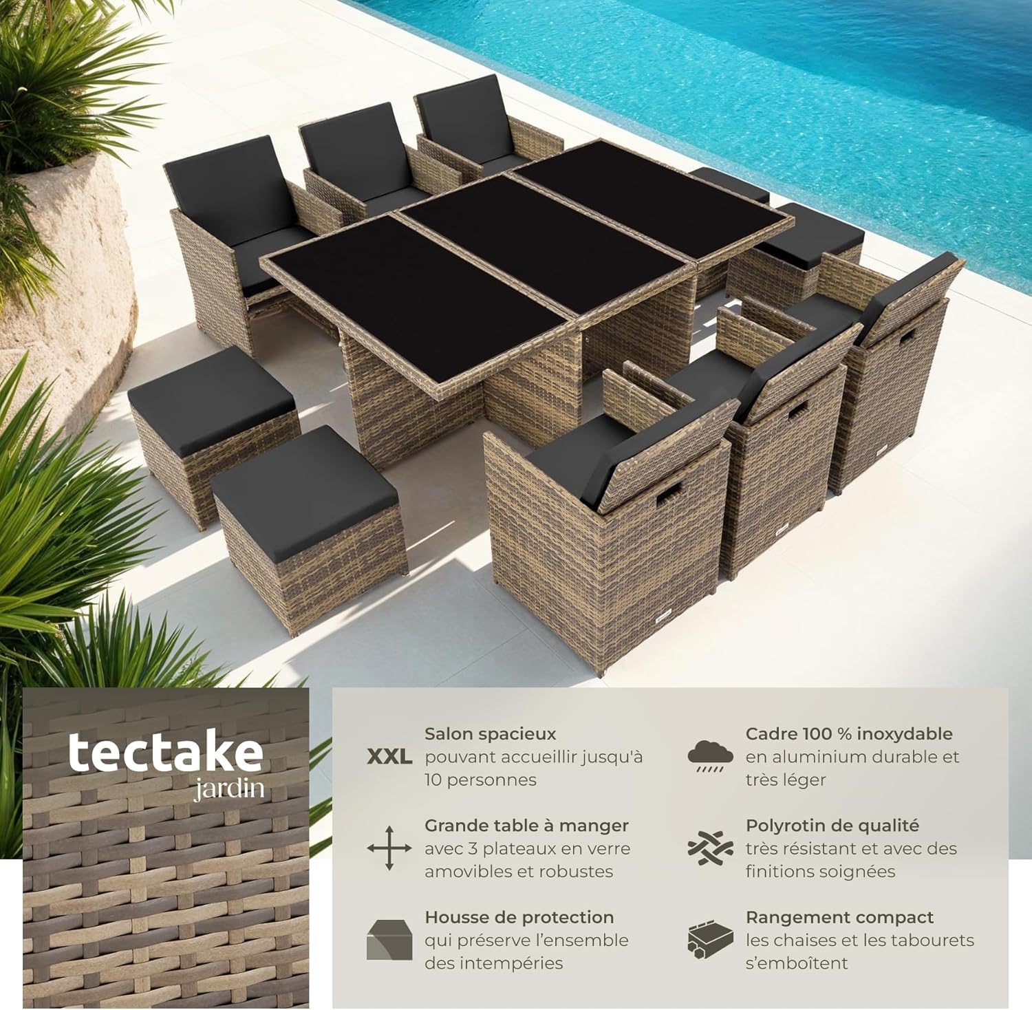tectake - Salon de jardin résine tressée 10 places - Aluminium, housses et protection, Marron naturel