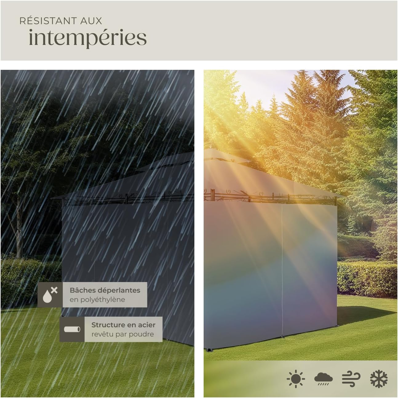 tectake - tonnelle de jardin 4x3m - acier epoxy, imperméable, rideaux, UV50+