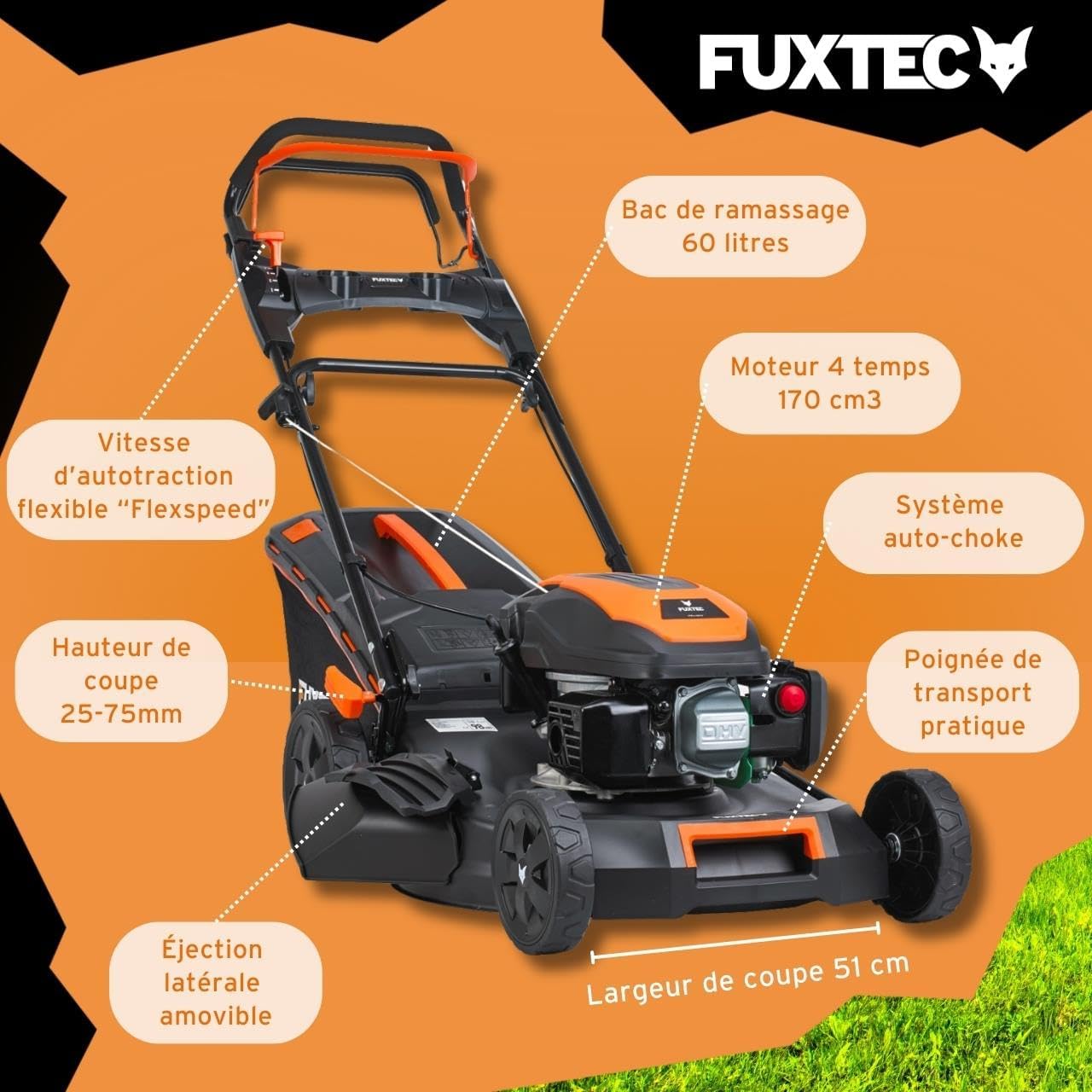 FUXTEC - FX-RM5170PRO - 51cm coupe - autotractée, 4 temps, 4 CV, bac 60L
