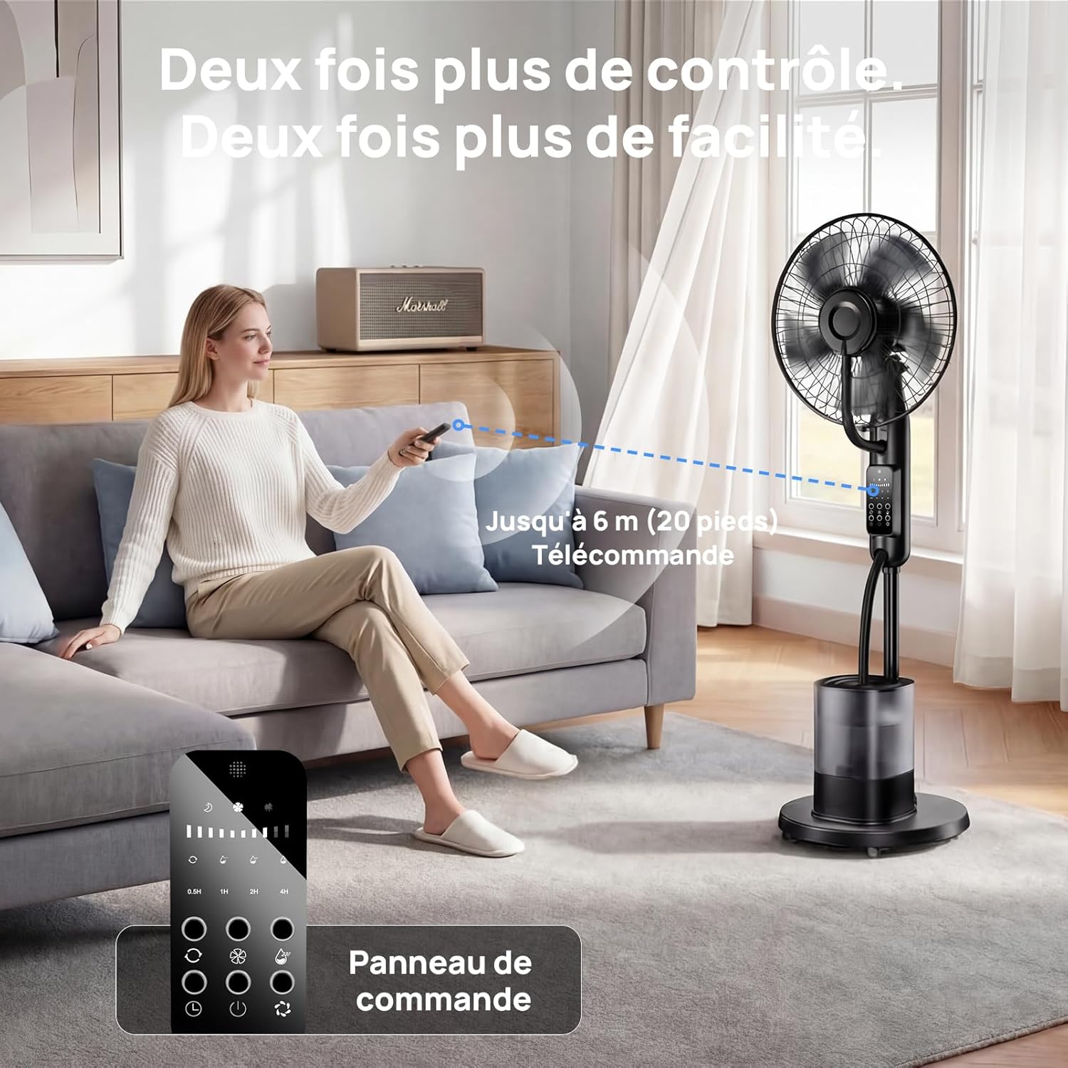 NebulaFlow - Ventilateur Brumisateur Amélioré - réservoir 4L, oscillant, 5 vitesses, minuterie, télécommande, 7,5h
