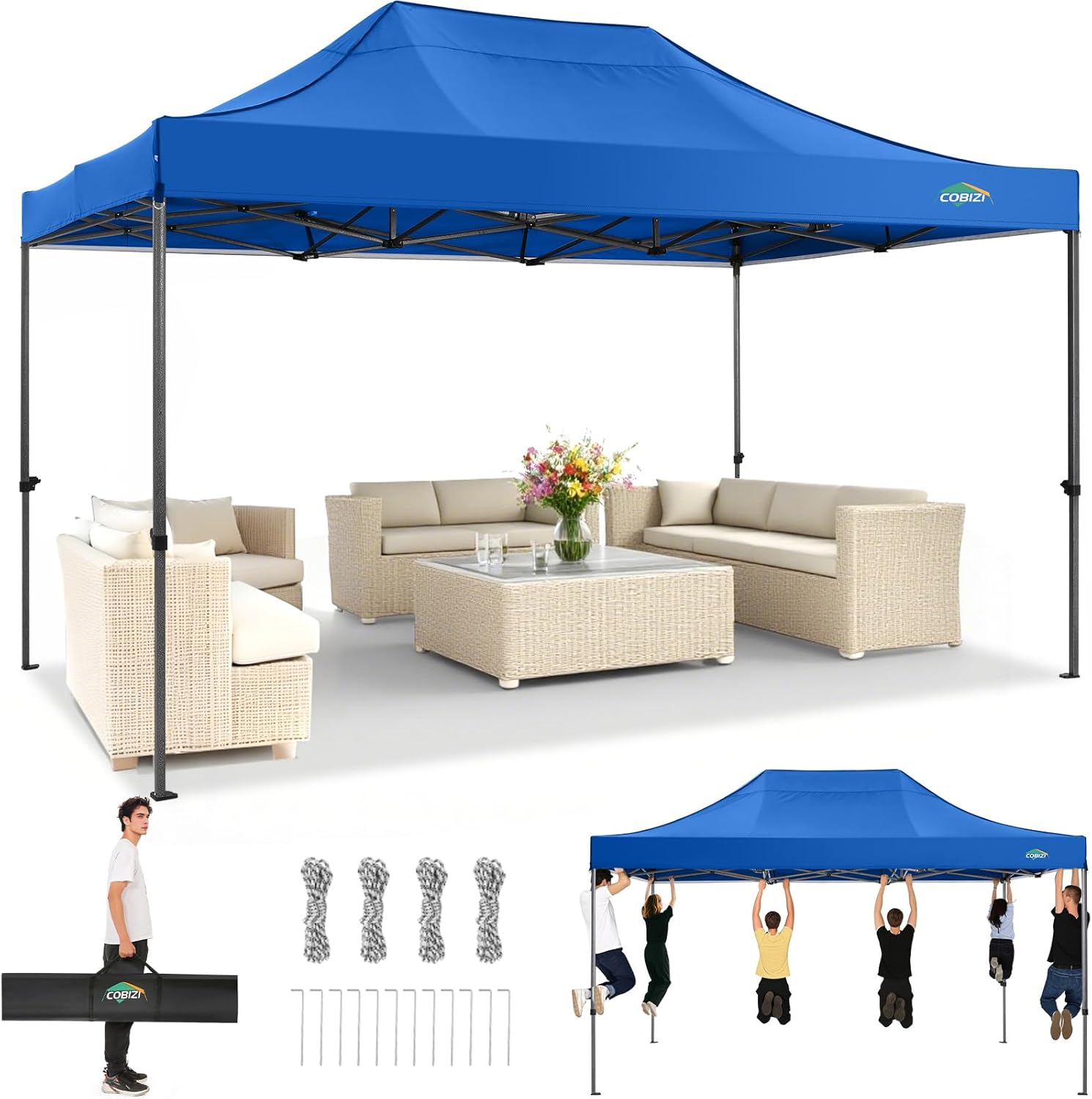 COBIZI - Tonnelle Pliante 3x4.5m - étanche, stable, UV50+, Bleu, cadre épais