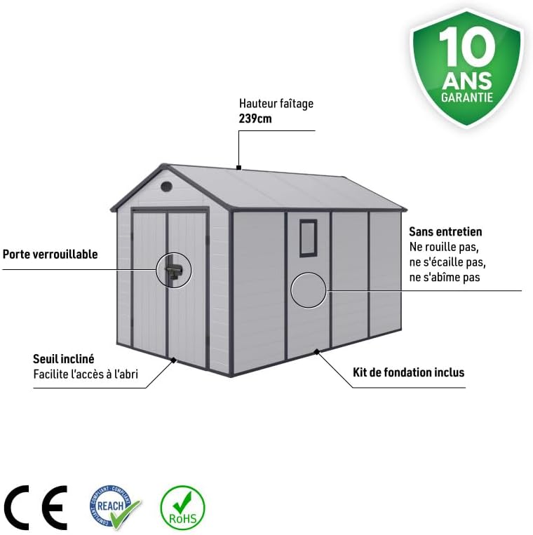 Jôbu - abri de jardin résine gris 8,9m², double pente, kit fondation