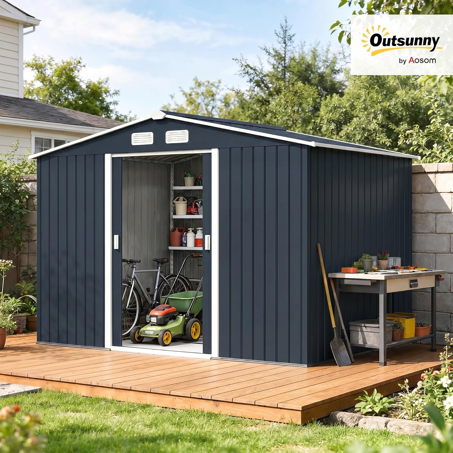 Outsunny - abri de jardin XXL 277x195x192 cm, acier, portes coulissantes, 4 aérations