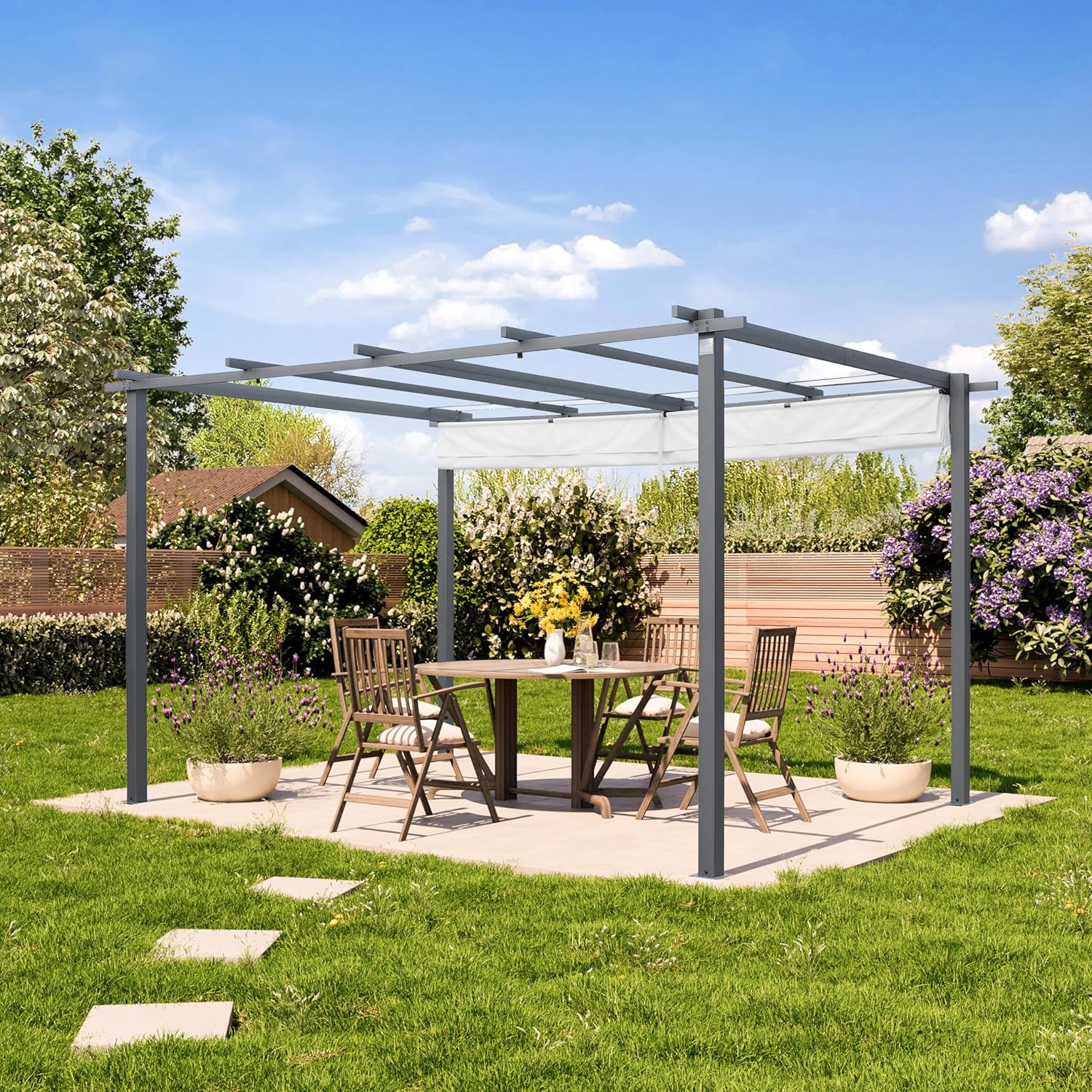 PRIMEYARD - Pergola pavillon série - 3x4 m, toit rétractable, acier, gris