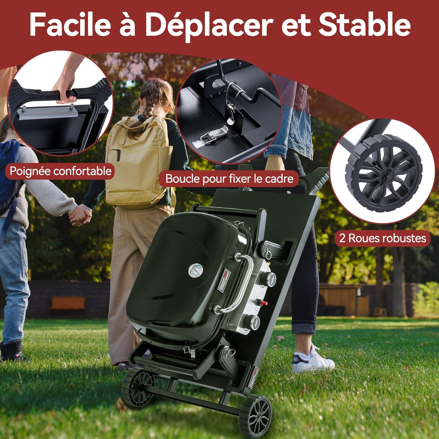 Royal Gourmet - barbecue gaz portable - 48x37 cm - 2 brûleurs, tables pliantes, chariot détachable, 5kW