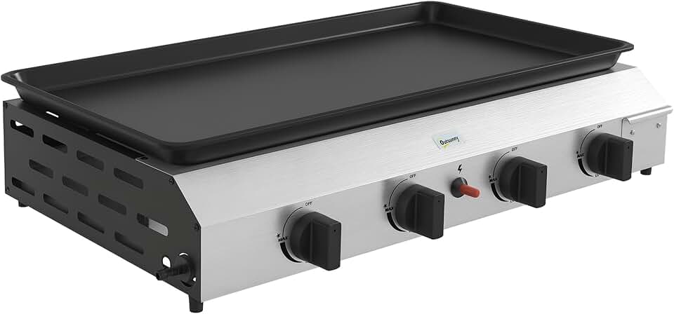Outsunny - plancha 4 brûleurs - 73x34 cm - acier inox émaillé, 9,6kW, grande surface