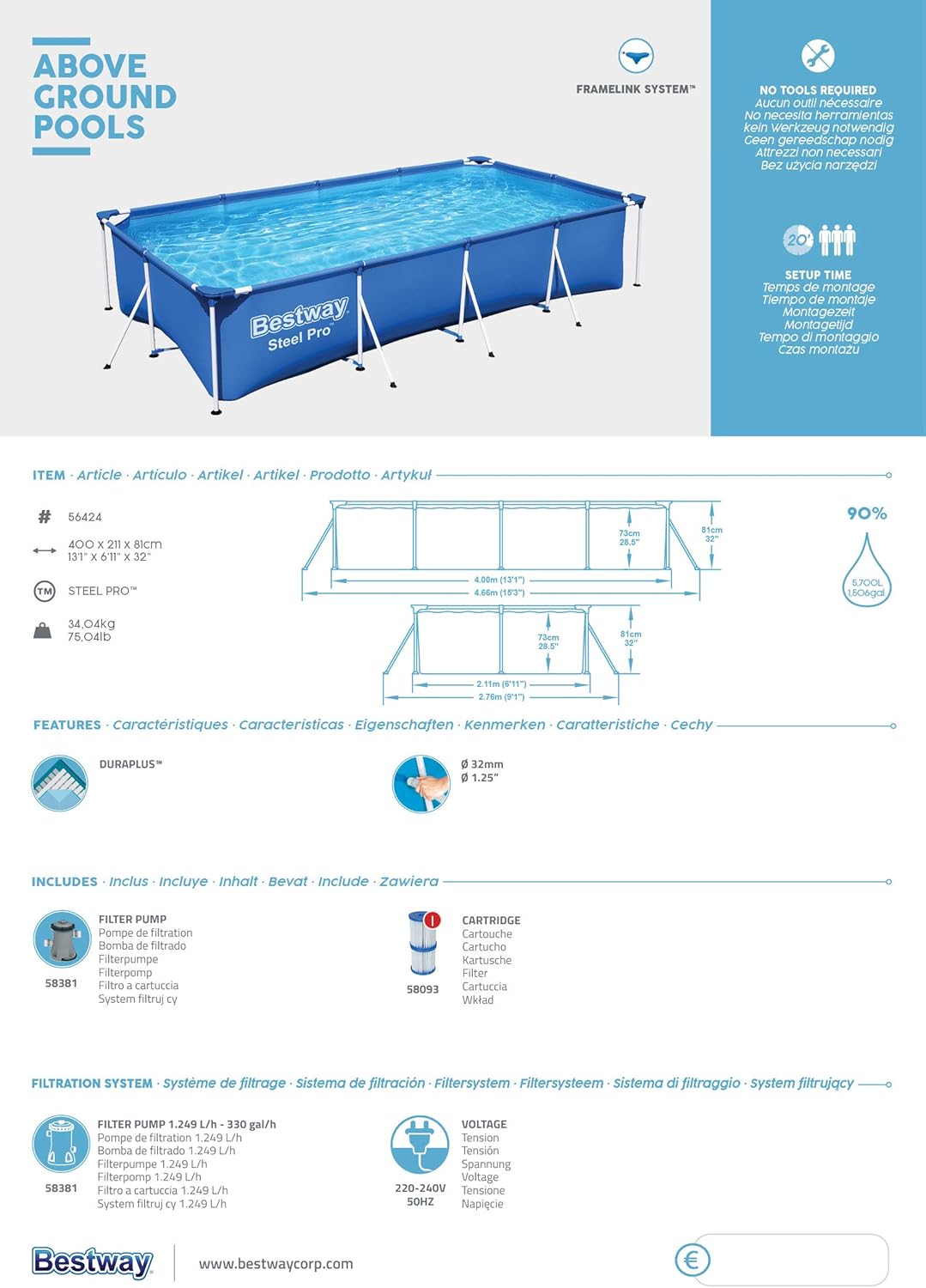 Bestway – Steel Pro – Piscine rectangulaire pour Enfant – avec Cadre en Acier et Pompe filtrante Piscine pour Enfant. 400 x 211 x 81 cm Bleu