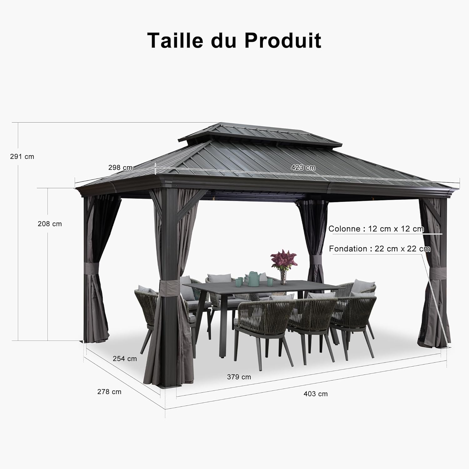 PURPLE LEAF - tonnelle aluminium - 4,25x3 m - éclairage, rideaux, gouttière, poteaux renforcés