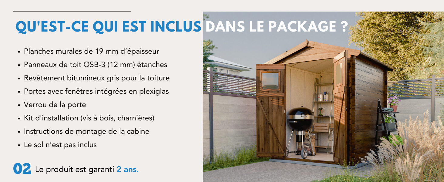 Liste du contenu de l'emballage du produit en français pour une structure extérieure, mentionnant les poteaux, les plaques, les vis et les instructions de montage.