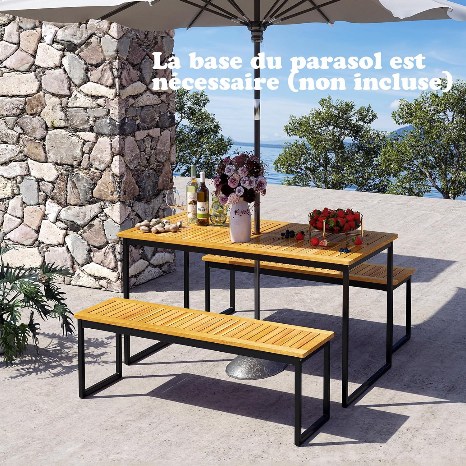 GOPLUS - Table jardin 140x70x73 cm - bois acacia, 6 pers, parasol