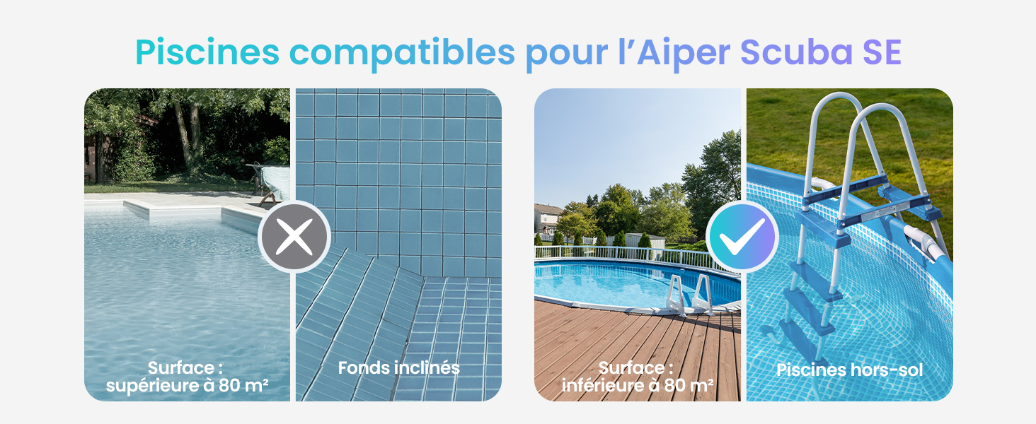 Le texte se lit comme suit : « Piscines compatibles pour l'Aiper Scuba SE ». Comparaison des types de piscines présentant une piscine en carrelage foncé incompatible et une piscine hors sol compatible avec une échelle.
