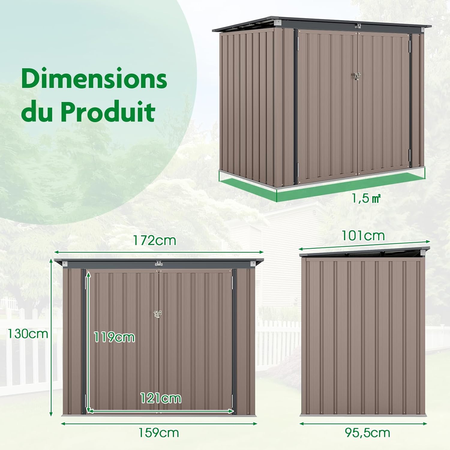 RELAX4LIFE - abri de jardin métal 172x100x129 cm, portes doubles, couvercle relevable