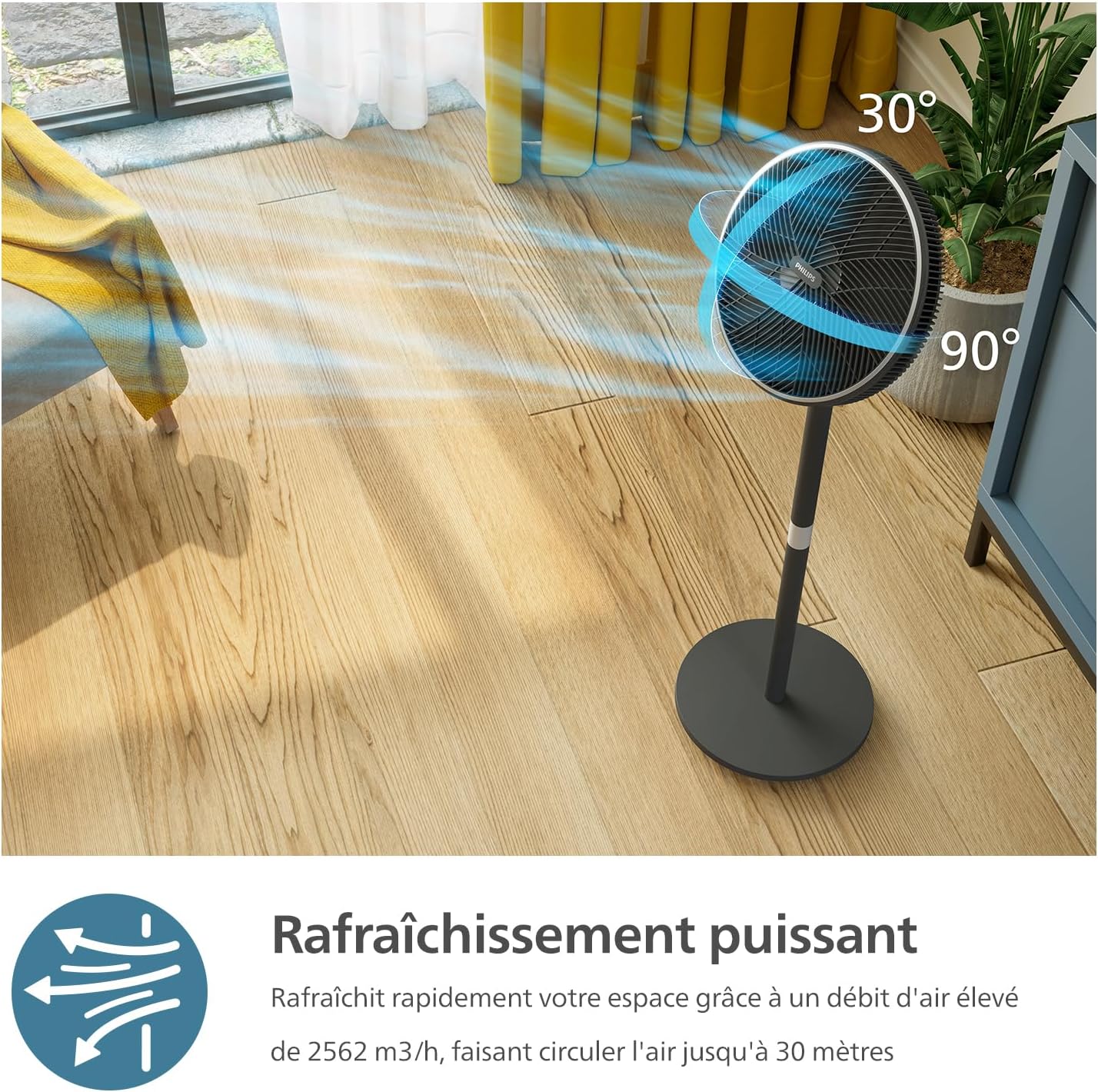 Philips Ventilateur sur pied Série 3000. Puissant et ultra-silencieux. Technologie SilentWings. 19 dB. Ventilateur de Table/sur Pied. Inclinable et Rotatif. Contrôle par App. Noir (CX3550/01)